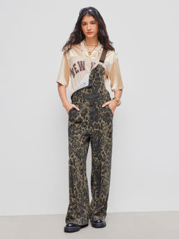 Cider - Denim Leopard Pocket Buckle Up Wide Leg Oversized Jumpsuit