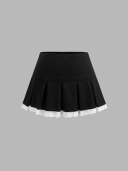 Cider - Mid Rise Solid Pleated Broderie Anglaise Hem Mini Skirt