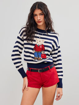 Cider - Knit Round Neckline Striped Bear Long Sleeve Top