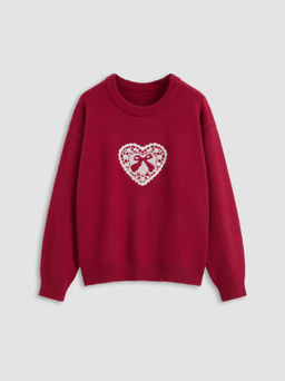 Cider - Knit Round Neckline Heart Bowknot Graphic Sweater