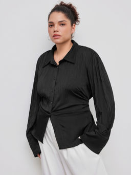 Cider - Collar Solid Knotted Button Long Sleeve Shirt Curve & Plus