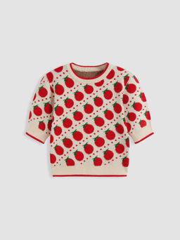 Cider - Knit Round Neck Tomato Graphic Contrasting Binding Crop Top