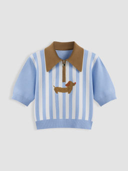 Cider - Knit Polo Dog Striped Zipper Short Sleeve Top