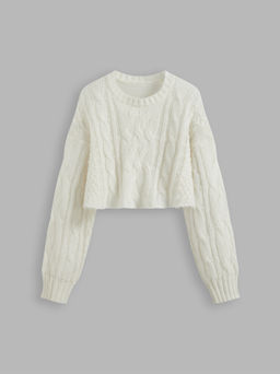 Cider - Cable Knit Round Neckline Solid Crop Sweater