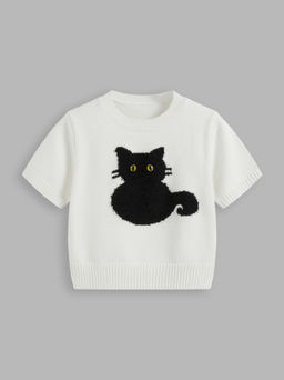 Cider - Knit Round Neckline Cat Graphic Crop Short Sleeve Top