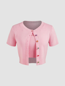 Cider - Knit Round Neckline Solid Colorful Button Short Sleeve Top With Chain Crop Tank Top