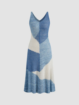 Cider - Knit V-neck Colorblock Ruffle Hem Midi Dress