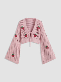 Cider - Knit V-neck Strawberry Hollow Out Knotted Cardigan