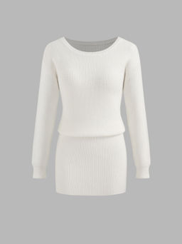 Cider - Knit Boat Neckline Solid Long Sleeve Mini Dress