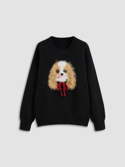 Cider - Knit Round Neckline Wool Dog Graphic Bowknot Sweater