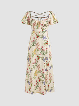 Cider - Square Neck Fruit & Floral Criss Cross Maxi Dress