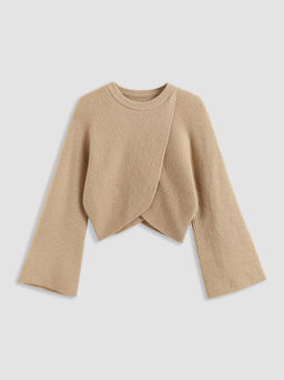 Cider - Knit Round Neckline Solid Long Sleeve Crop Sweater Curve & Plus