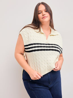 Cider - Knitted Collar Striped Knotted Crop Vest Curve & Plus