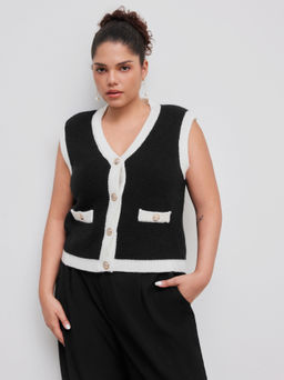 Cider - Knitted V-neck Solid Contrasting Binding Button Vest Curve & Plus
