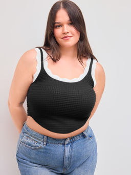 Cider - Knitted Square Neck Solid Contrasting Binding Lettuce Trim Cami Top Curve & Plus
