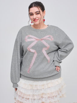 Cider - Cotton-blend Round Neckline Solid Bowknot Sweatshirt Curve & Plus
