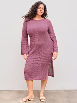 Cider - Knitted Boat Neck Solid Hollow Out Midi Dress Curve & Plus