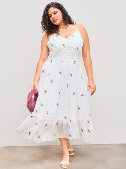 Cider - Chiffon V-neck Floral Embroidery Ruffle Hem Maxi Dress Curve & Plus