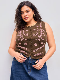 Cider - Knitted Round Neckline Floral Button Vest Curve & Plus
