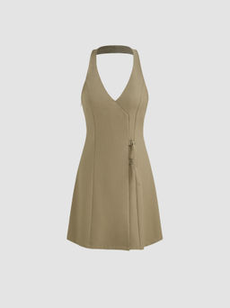 Cider - Halter Neckline Solid Belted Zipper Mini Dress
