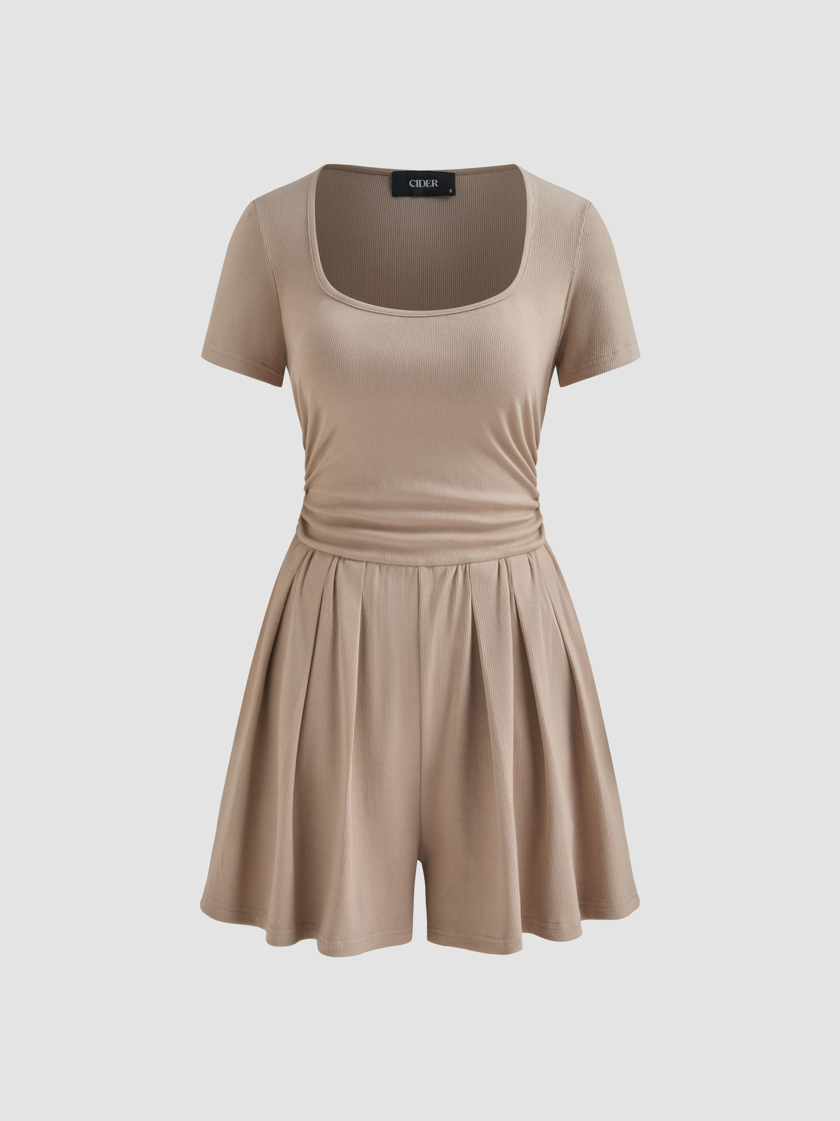 cider Cotton-blend Square Neck Solid Ruched Pleated Romper-picture-28