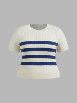 Cider - Knit Round Neckline Striped Short Sleeve Sweater Curve & Plus