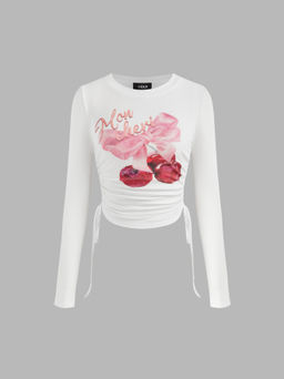 Cider - Mon Cheri Round Neckline Cherry Bowknot Graphic Drawstring Long Sleeve Top