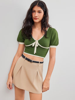 Cider - Knit V-neck Contrasting Binding Knotted Crop Short Sleeve Top