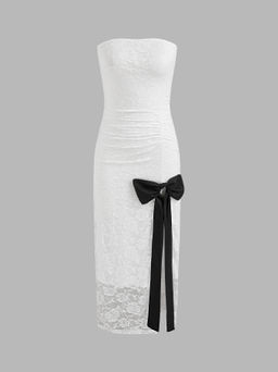 Cider - Bowknot Solid Rose Lace Tube Maxi Dress