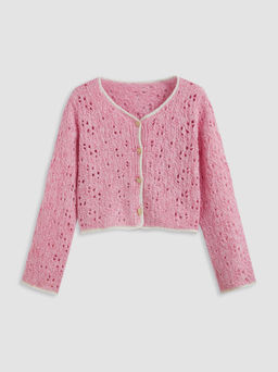 Cider - Wool-blend Round Neck Solid Heart Button Hollow Out Crop Cardigan Curve & Plus