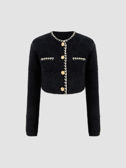 Cider - Knit Round Neckline Contrasting Binding Button Cardigan