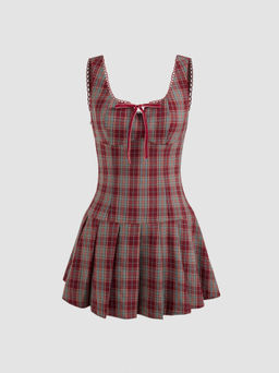 Cider - Square Neck Check Bowknot Pleated Mini Dress