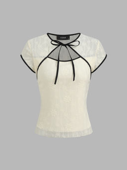 Cider - Round Neckline Floral Contrasting Binding Cut Out Knotted Short Sleeve Top