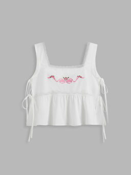 Cider - Cotton Square Neck Floral Bowknot Embroidery Lace Trim Ruffle Hem Tie Side Crop Tank Top