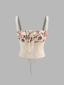 Cider - Square Neck Floral Broderie Anglaise Lace Up Knotted Cami Top