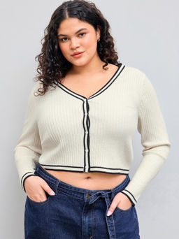 Cider - Knit V-neck Solid Button Contrasting Binding Cardigan Curve & Plus