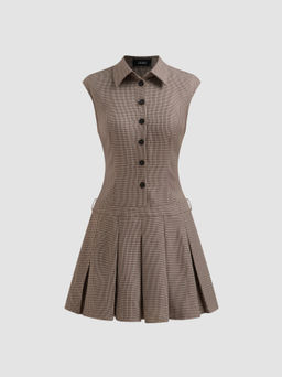 Cider - Collar Houndstooth Button Pleated Mini Dress