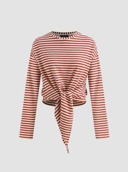 Cider - Round Neckline Striped Knotted Long Sleeve Tee