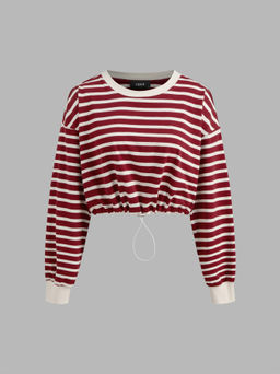 Cider - Cotton-blend Round Neckline Striped Drawstring Long Sleeve Crop Tee