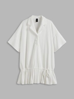 Cider - Terry Polo Solid Drawstring Ruffle Mini Dress