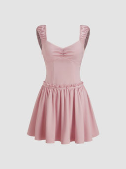 Cider - Sweetheart Neckline Solid Lettuce Trim Ruffle Mini Dress