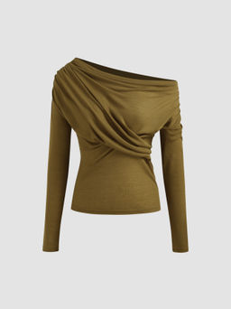 Cider - Asymmetrical Neckline Solid Criss Cross Ruched Long Sleeve Top