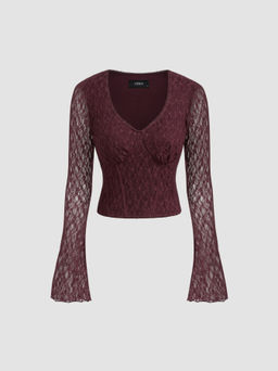 Cider - Lace V-neck Solid See-through Long Sleeve Crop Top