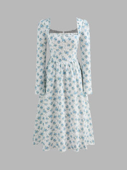 Cider - Square Neck Floral Ruffle Lettuce Trim Midi Dress