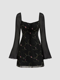 Cider - Mesh Sweetheart Neckline Floral Mini Dress