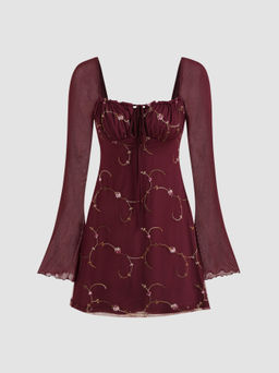 Cider - Mesh Sweetheart Neckline Floral Mini Dress