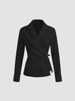 Cider - Cotton Collar Solid Wrap Knotted Long Sleeve Shirt