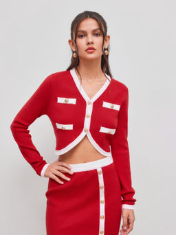 Cider - Knit V-neck Solid Contrasting Binding Button Cardigan