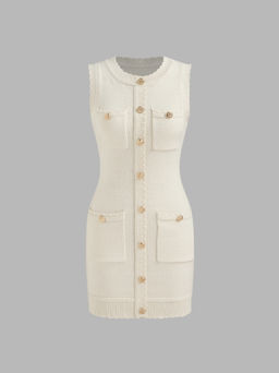 Cider - Knit Round Neckline Solid Button Pocket Mini Dress