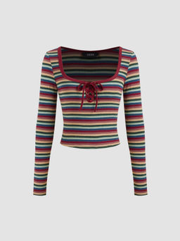 Cider - Cotton-blend Square Neck Striped Lace Up Knotted Long Sleeve Tee